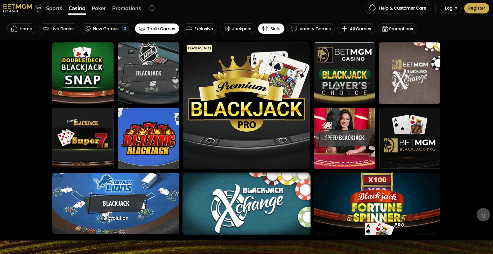 BetMGM MI Blackjack Games Lobby